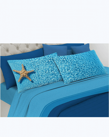 Set Lenzuola Letto Matrimoniale Made in Italy - Fantasia Spiaggia Azzurro - Acqua Di Mare